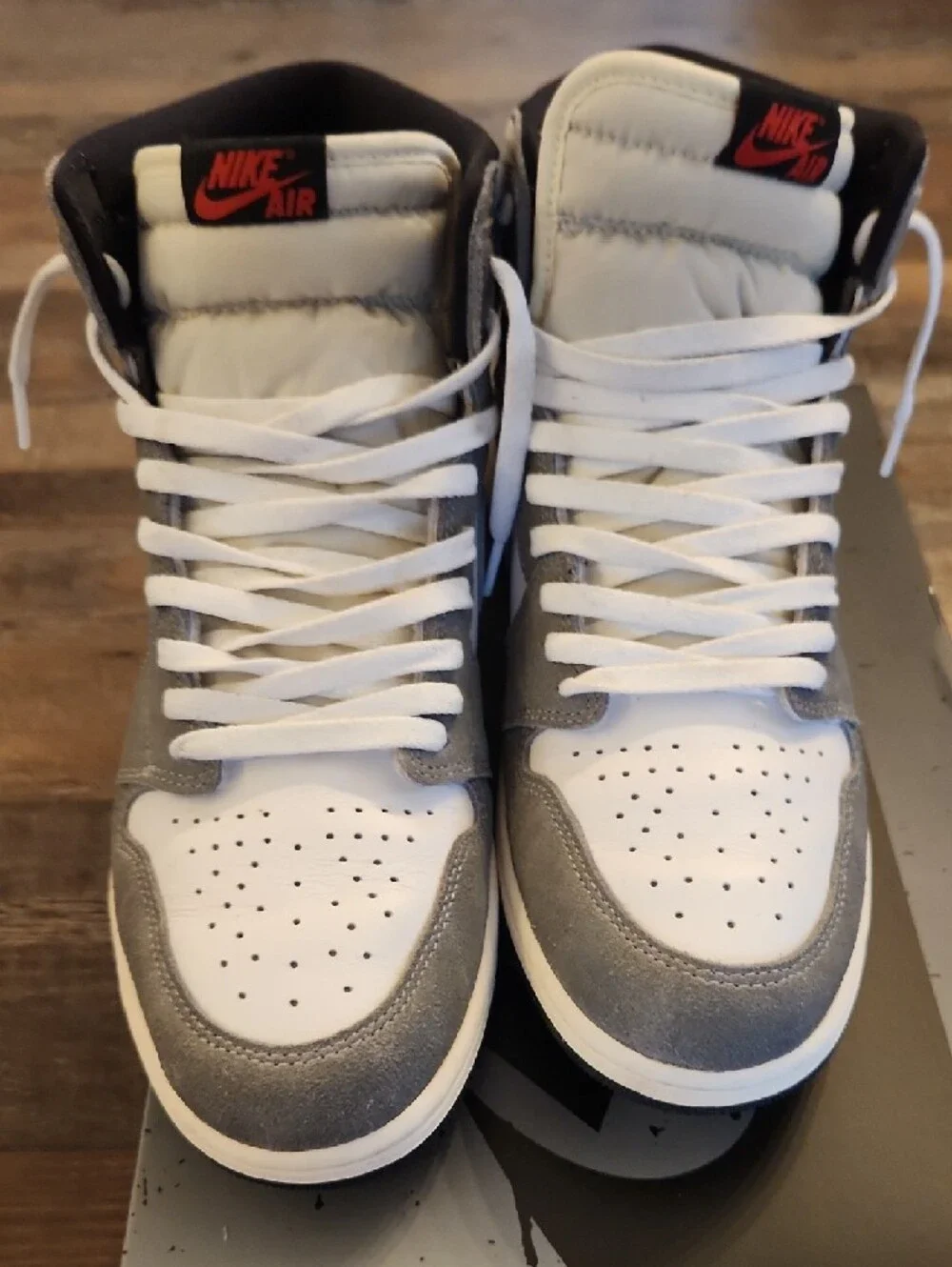 NIKE AIR JORDAN High-Top Sneakers in White, Gray and Black with Red Logo